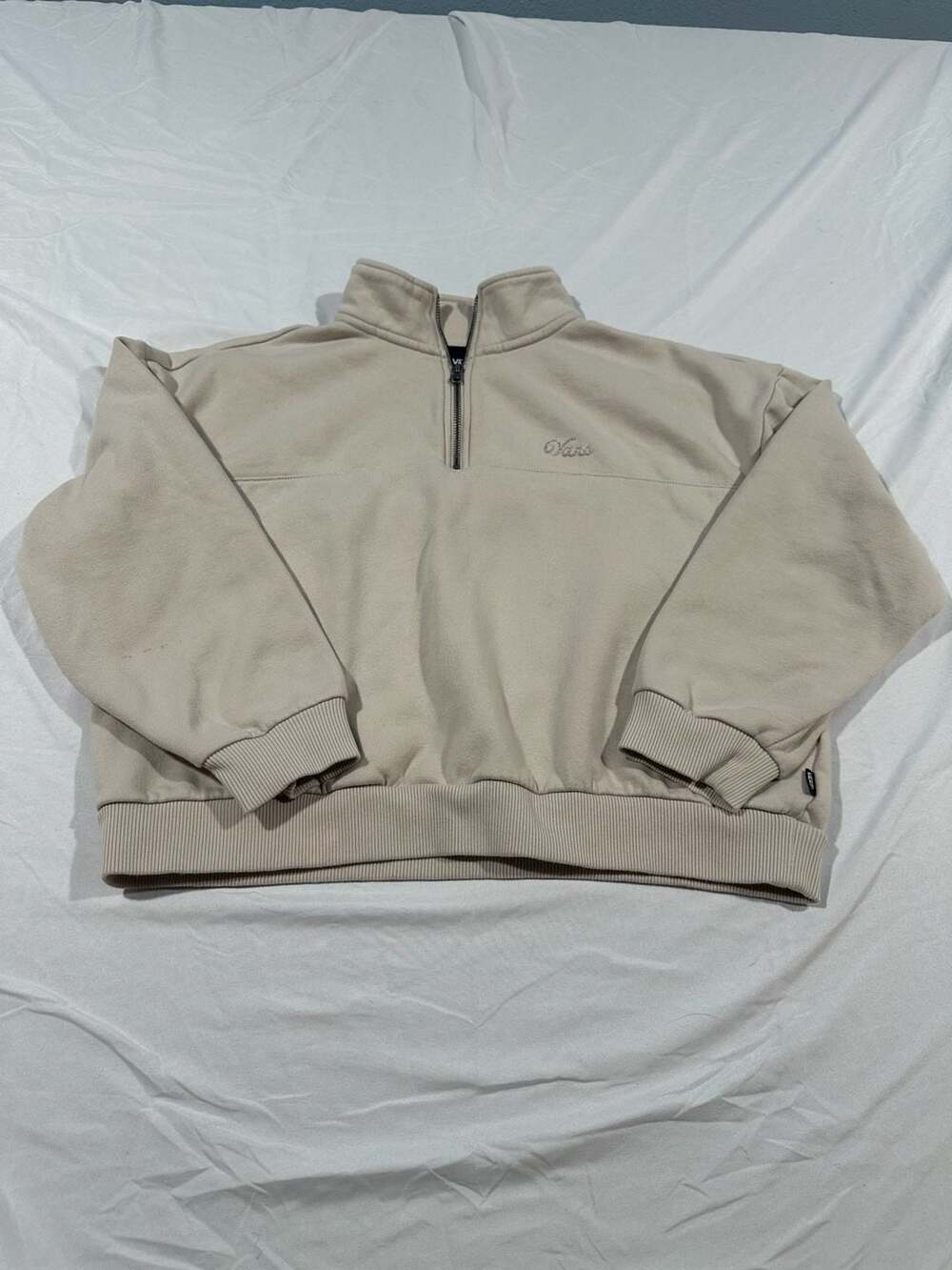 Vans  Beige Quarter Zip Pullover Sweatshirt with Embroidered Logo Women’s S